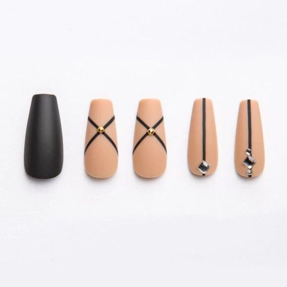 Tip Beauty Other - Tip Beauty Matte Grey Coffin With Stripe And‎ Criss Cross Nude Accent Nails
